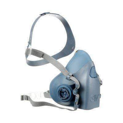 3M 7502 half facepiece reusable respirator in medium size, showing adjustable straps and filter attachment points.