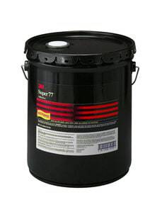 3M Super 77 industrial adhesive in a 5-gallon (19 L) can, shown with the large container of 3M Super 77 adhesive.