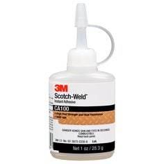 3M Scotch-Weld CA100 instant adhesive in clear 1 oz bottle, showing the adhesive tube and label on a white background.