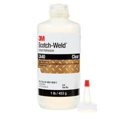 3M Scotch-Weld CA40 instant adhesive in yellow, 1 lb (453 g), showing the adhesive container and label for bonding applications.