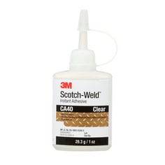 3M Scotch-Weld CA40 instant adhesive in yellow, 1 oz (28.3 g), shown in a clear container ready for use.