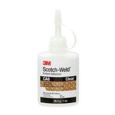 3M Scotch-Weld CA8 instant adhesive in clear, 1 oz (28.3 g) bottle, designed for quick bonding of various materials.