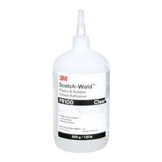 3M Scotch-Weld PR100 plastic and rubber instant adhesive in clear, 1 lb (500 g) container, suitable for quick bonding of various materials.