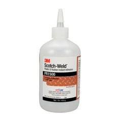 3M Scotch-Weld PR1500-500G instant adhesive in clear for plastic and rubber, 1 lb (453 g) bottle with applicator tip.