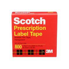 3M Scotch Prescription Label Tape 800 clear, 1-inch by 72 yards, shown in a box with 12 tapes for labeling prescriptions.