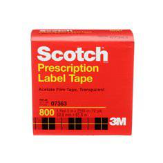 Three rolls of 3M Scotch Prescription Label Tape 800 Clear, 2-inch x 72 yards, designed for medical and prescription labeling.