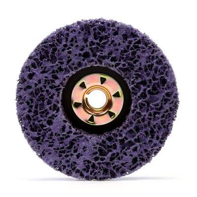 3M Scotch-Brite SB05588 non-woven abrasive discs in purple, coarse grit, 4.5-inch diameter with 5/8-11 threaded mount.