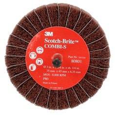 3M Scotch-Brite AB80801 Combi-S 3-inch non-woven wheel with 1-3/4 inch diameter and 1/4 inch shank for grinding and finishing tasks.