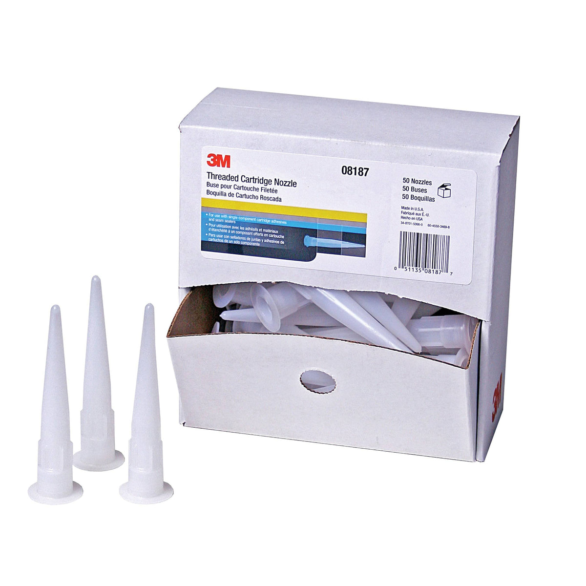 3M threaded cartridge nozzle for adhesive and sealant application, shown in a close-up image.
