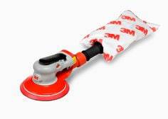 3M Elite Series AB28510 random orbital sander with 6-inch pad and 5/16 inch orbit, featuring self-generated vacuum for dust control.