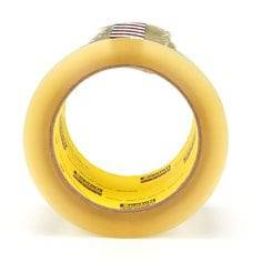 3M Scotch box sealing tape 375 in clear, 72mm wide and 50m long, shown on a flat surface with packaging in the background.