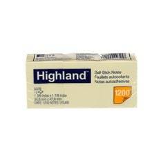 Yellow 3M Highland Notes 6539-36 pads, 1.5 x 2 inches, pack of 12 with 100 sheets each, ideal for notes and reminders.
