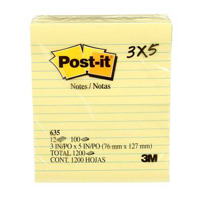 3M Post-It Notes Canary Yellow pad with 100 sheets, 3 x 5 inches, for reminders and note-taking.