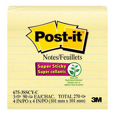 3M Post-it Super Sticky Notes in canary yellow, lined, 4x4 inches, 90 sheets per pad, for notes and reminders.