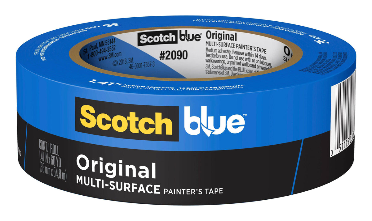 Blue 3M ScotchBlue 2090-36EC multi-surface painter's tape, 1.41 inch by 60 yards, suitable for interior and exterior painting.