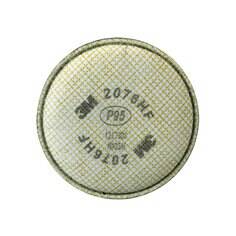 3M P95 pancake particulate filter 2076HF for respirators, with a flat, circular design and adjustable strap for secure fit.