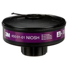 3M Powerflow 450-01-01R20 high-efficiency SP3 particulate filter for respirators, shown with filter component in detailed view.