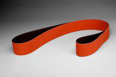 3M AB67863 Cloth Belt 777F, 3-inch by 18-inch fullflex portable belt with 60 YF weight, shown in use for sanding or grinding.