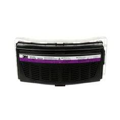 3M Versaflo TR-6320N acid gas and HEPA cartridge for powered respirators, shown with attached filter and respirator components.
