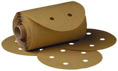 3M 216U PSA abrasive discs, 5-inch aluminum oxide paper, 320 grit, self-adhesive, with vacuum holes for sanding or grinding.