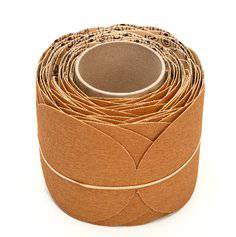 Self-adhesive PSA sanding discs by 3M, 5-inch aluminum oxide abrasive, non-vacuum, ideal for grinding and finishing applications.