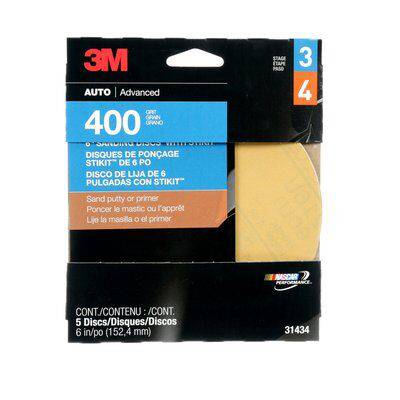 3M 31434 self-adhesive paper PSA discs, 6-inch aluminum oxide abrasive discs in 400 grit for sanding and polishing tasks.