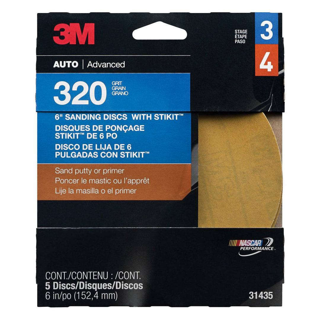 3M 31435 self-adhesive paper PSA discs, 6-inch aluminum oxide, 320 grit for sanding and surface finishing.