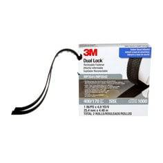 Close-up of black 3M Dual Lock MP3541/42 reclosable fastener strip, 1 inch wide and 5 yards long, showing textured plastic hooks and loops.