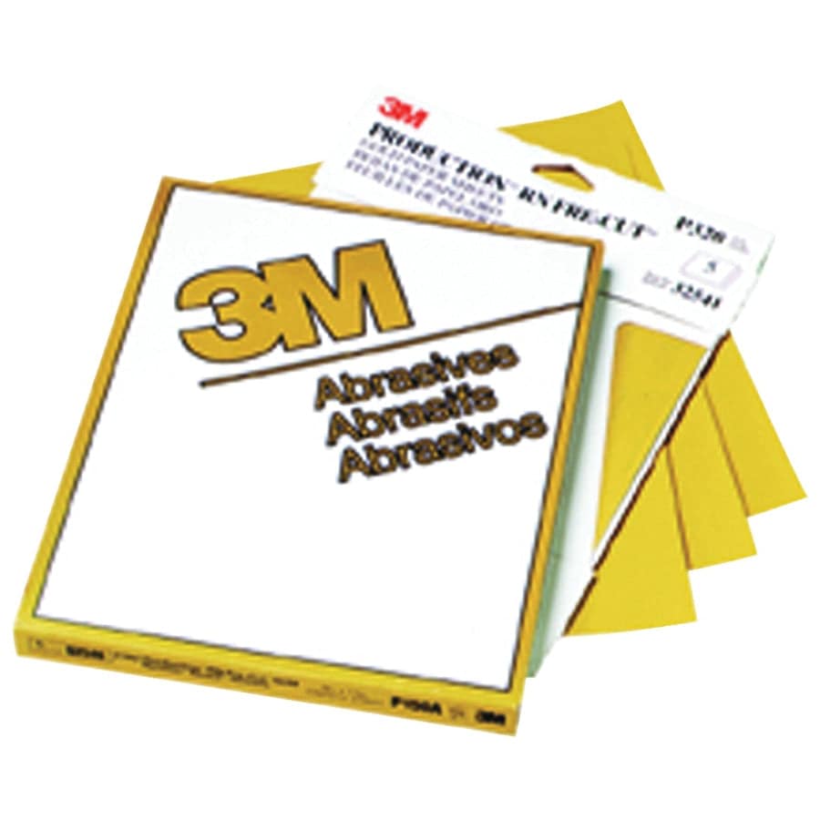 3M 02548 Production Resinite Gold 100 Grit Aluminum Oxide Sanding Sheets, 9x11 inches, for surface finishing and sanding projects.