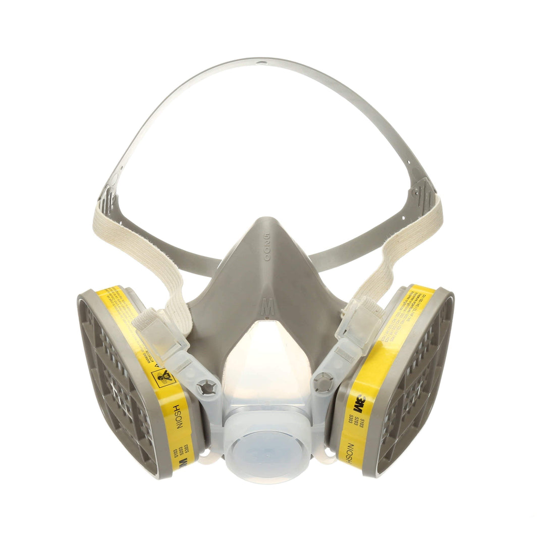 3M 5203 Organic Vapour and Acid Gas Respirator Assembly in medium size with adjustable straps and filter cartridges.