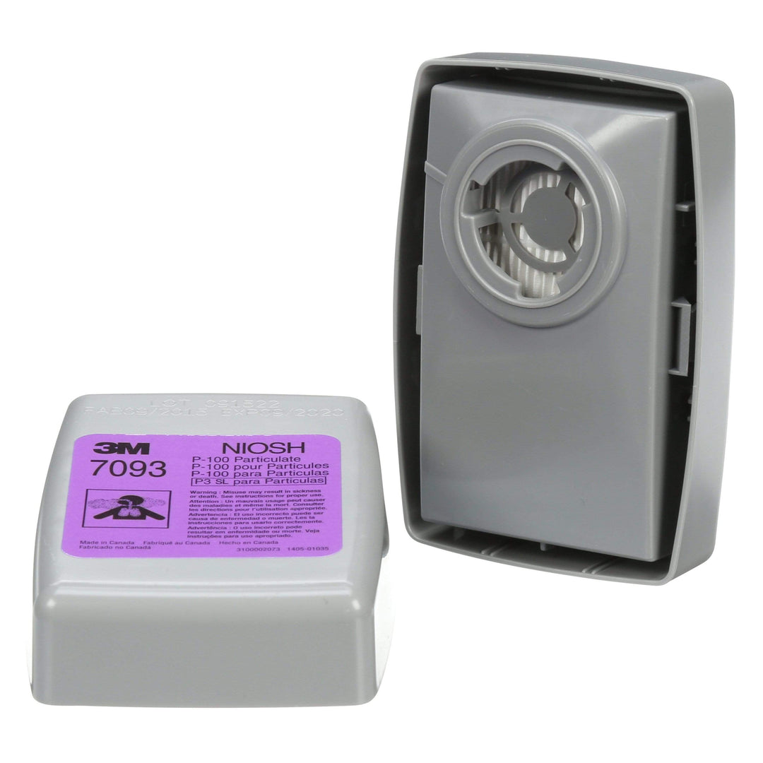 3M 7093B P100 particulate filter cartridges for respirators, showing the filter design and branding on the cartridges.