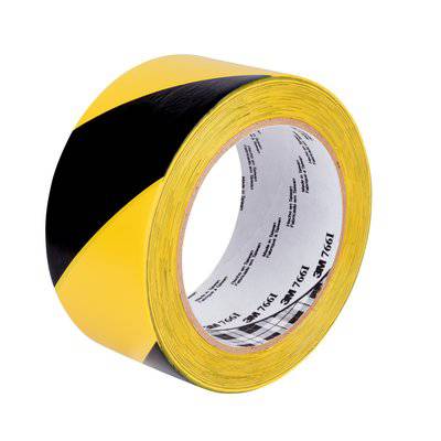 3M Hazard Warning Tape 766 in black and yellow, 3-inch wide, 36 yards long, safety tape with 5 mil thickness.