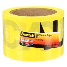 Yellow 3M Scotch 300 barricade safety tape with "Caution" warning, 3 inches by 1000 feet, used for safety marking and hazard control.