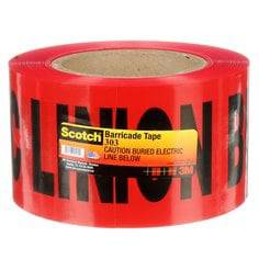 Red 3M Scotch 303 buried barricade tape with caution for buried electric lines, 3 inches by 300 feet, used for safety marking.