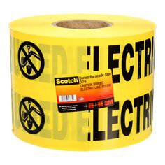 Yellow 3M Scotch 370 buried barricade tape with caution warning for electric lines, 6 inches by 1000 feet, safety marker tape.