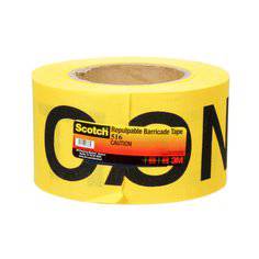 Yellow 3M Scotch 516 barricade tape with "Caution" warning, 3 inches wide and 150 feet long, used for safety and hazard marking.
