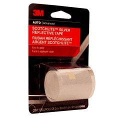 Silver 3M Scotchlite reflective tape, 2-inch by 36-inch safety tape with high visibility for safety gear and apparel.
