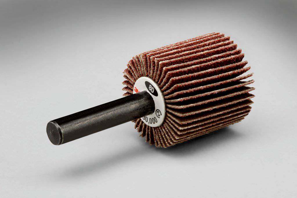 3M AB35477 1x1x1/4 inch aluminum oxide shank-mounted flap wheel with 120 grit for grinding and finishing.