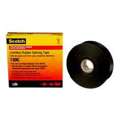 3M Scotch 130C-1X30 linerless rubber splicing tape in black, 1 inch by 30 feet, 30 mil thick for electrical insulation.