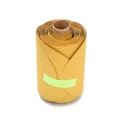 3M PSA Discs 5-inch self-adhesive aluminum oxide sanding discs in 150 grit, shown as a roll of gold-colored abrasive discs.