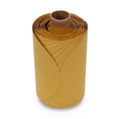 3M PSA Discs with 5-inch aluminum oxide abrasive film in 180 grit, shown as a roll of gold-colored self-adhesive sanding discs.