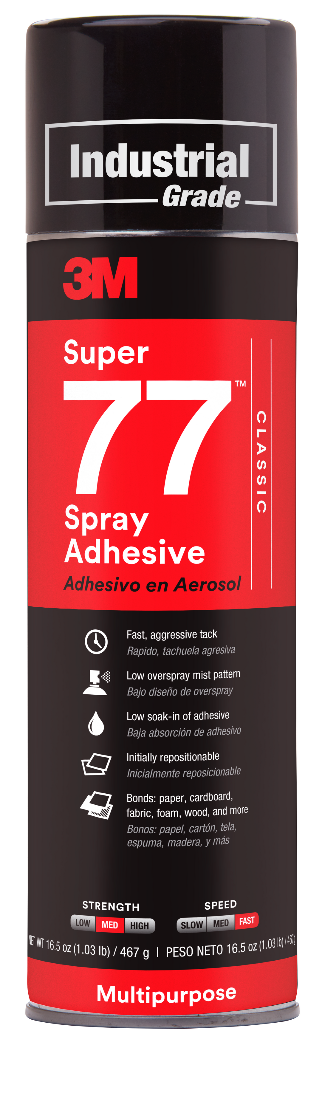 3M Super 77 aerosol adhesive spray in 16.5 oz can, versatile sprayable adhesive for crafts and projects.