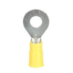 3M Highland RV10-14Q vinyl insulated ring terminal with 1/4 inch stud size for AWG 12-10 wiring, used for electrical connections.
