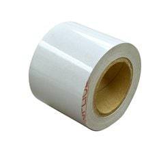 3M 3929-6X150 bright silver gloss thermal transfer label material on a roll, 6 inches by 150 yards, ideal for durable labeling.