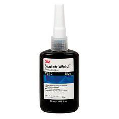 3M Scotch-Weld TL42-50 blue threadlocker in a 1.69 fl oz (50 ml) bottle, used for locking and sealing threaded fasteners.