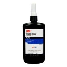 3M Scotch-Weld TL43 blue threadlocker in 250 ml bottle, used for securing threaded fasteners in industrial applications.