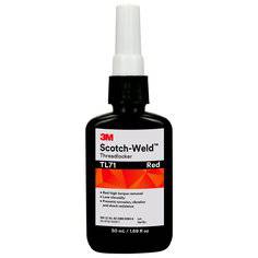 3M Scotch-Weld TL71 red threadlocker in 50ml bottle, adhesive for securing threaded fasteners, durable and easy to apply.