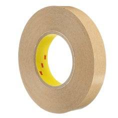 3M 9498 clear adhesive transfer tape, 3/4 inch x 120 yards, 2 mil thickness, shown rolled on a spool for industrial bonding.