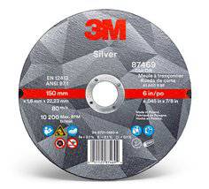 3M Silver AB87469 Type 01 black cut-off wheel, 6-inch diameter, 0.05-inch thickness, 7/8-inch arbor for grinding and cutting.