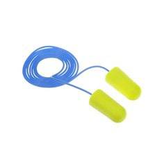 3M E-A-Rsoft yellow neon corded earplugs, uncorded foam hearing protection, shown in close-up with bright yellow color